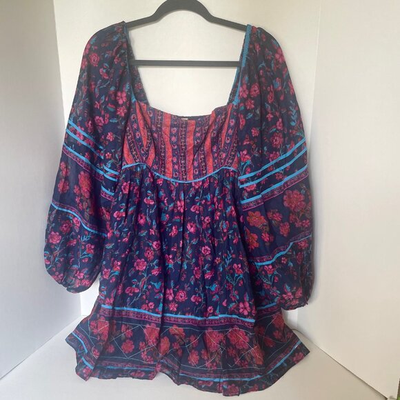 Free People Endless Afternoon Mini Dress Blue Red Floral Long Sleeve Babydoll - Picture 5 of 11